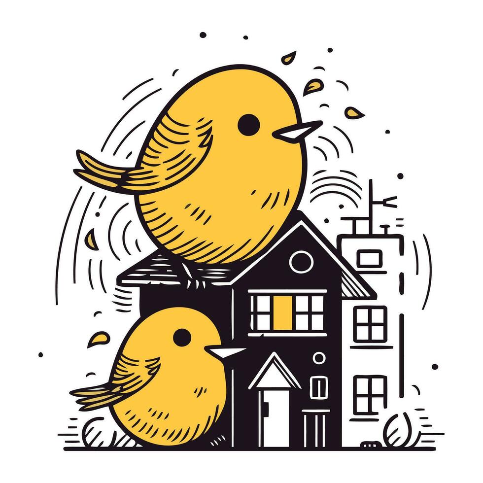 Vector hand drawn illustration with cute birds and house. Isolated objects on white background.