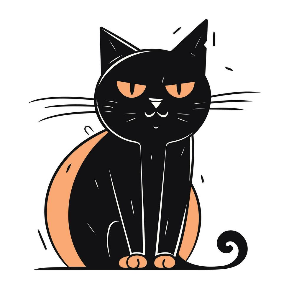 Vector illustration of a black cat with orange eyes on a white background.