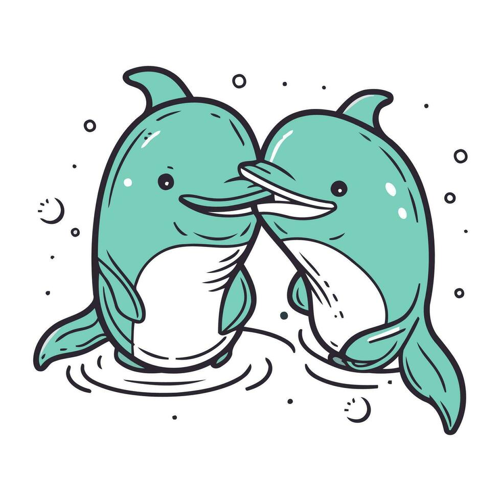 Cute cartoon doodle couple of whales. Vector illustration.