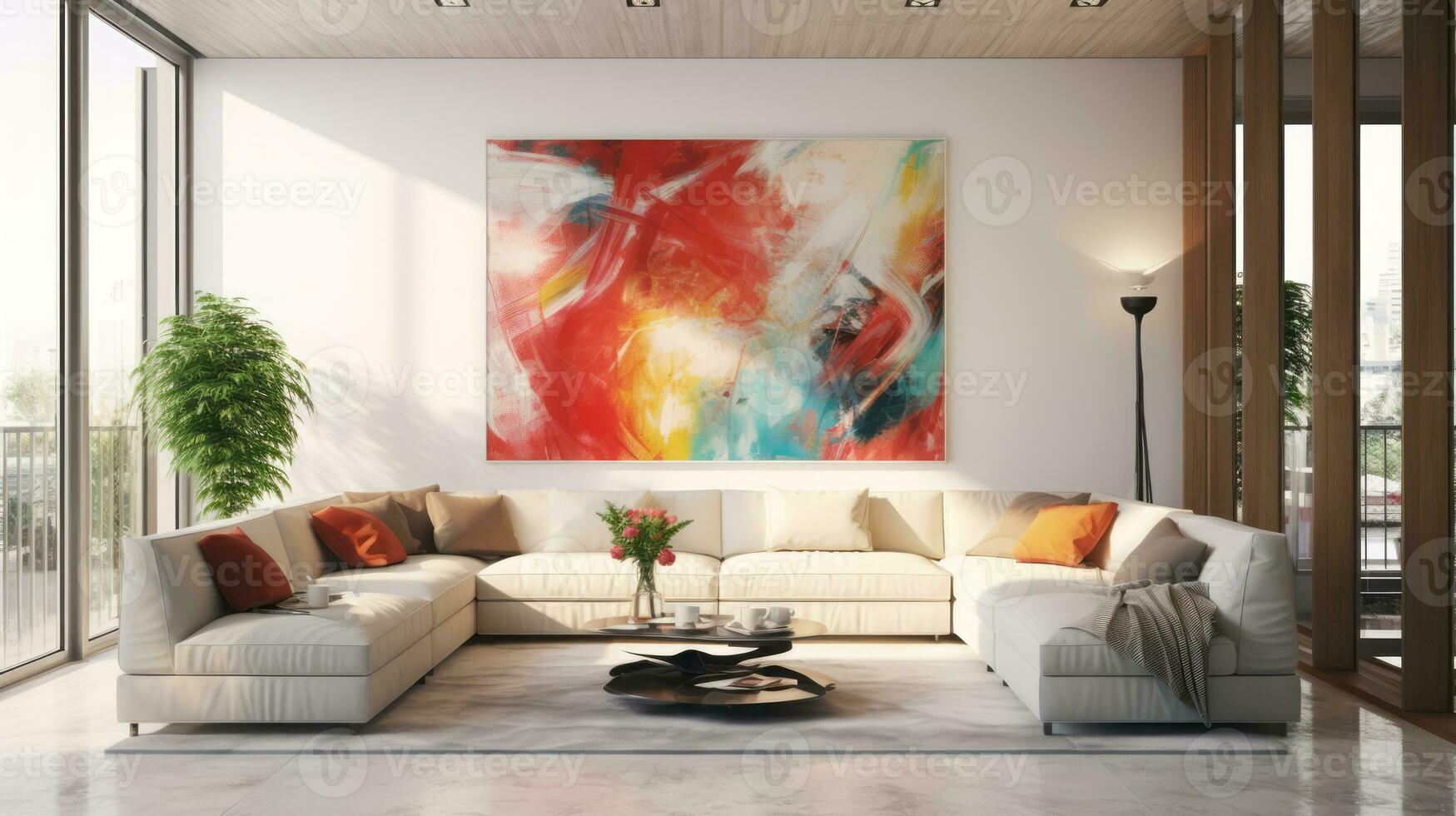 moderno brillante vivo habitación interiores con Arte fondo de pantalla. ai generado. foto