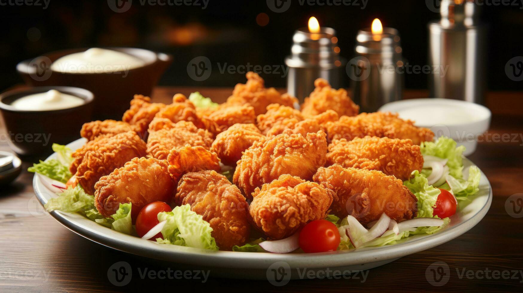Crispy fried chicken wings with herbs on wooden table. AI Generated. photo