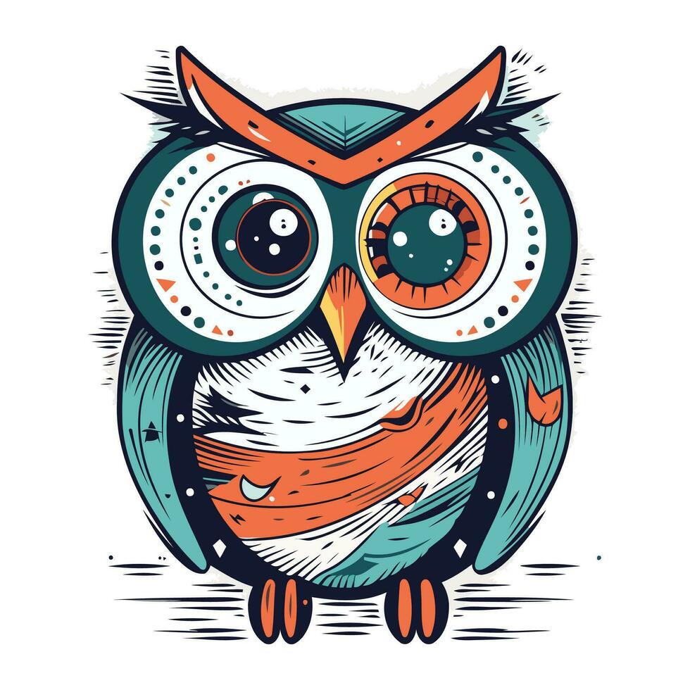 Owl vector illustration. Hand drawn owl with big eyes. Vector illustration.