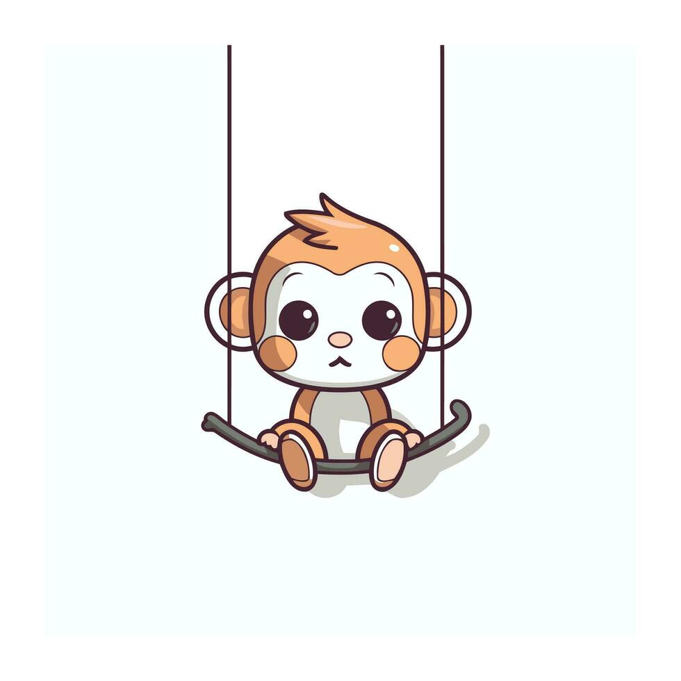 Cute cartoon monkey swinging on a swing. Vector illustration on white background.