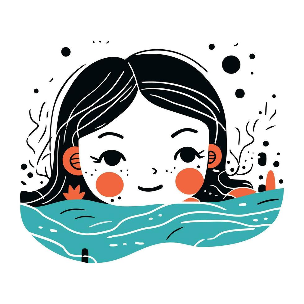 Cute little girl in the sea. Vector illustration in flat style.