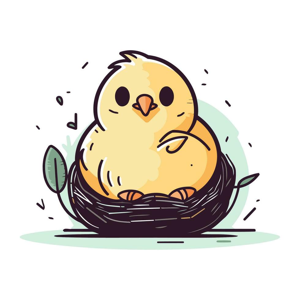 Cute little chick in a nest. Vector illustration in cartoon style.