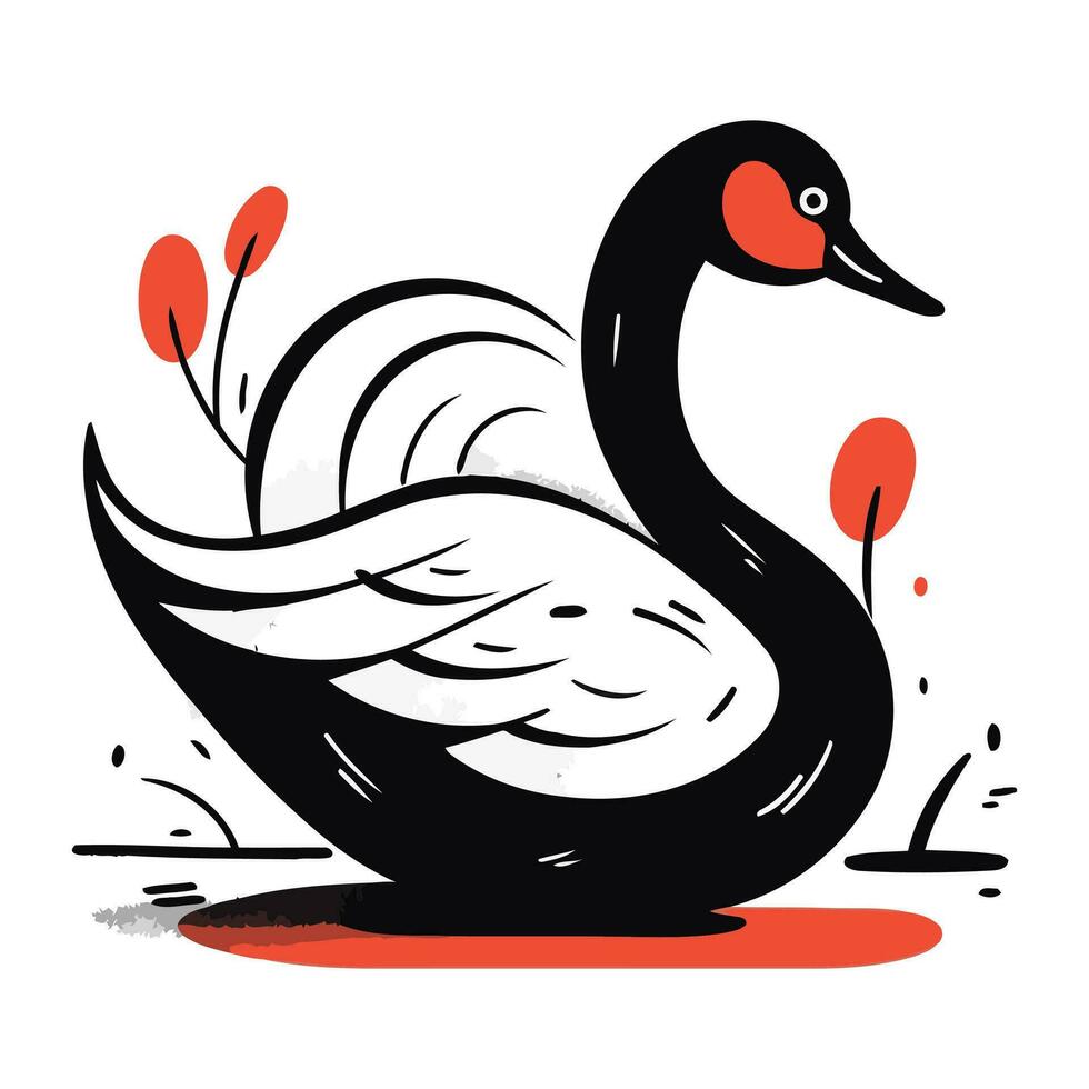 negro cisne aislado en blanco antecedentes. mano dibujado vector ilustración en dibujos animados estilo.