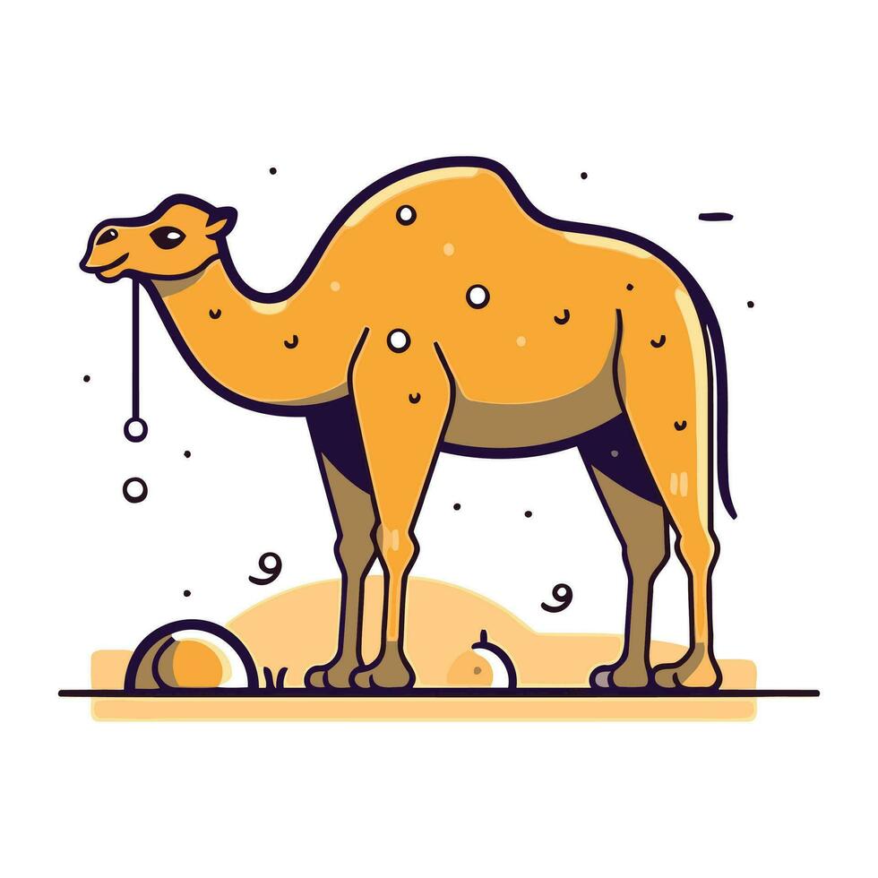 Camel flat vector illustration. Cute cartoon camel standing on the sand in desert.