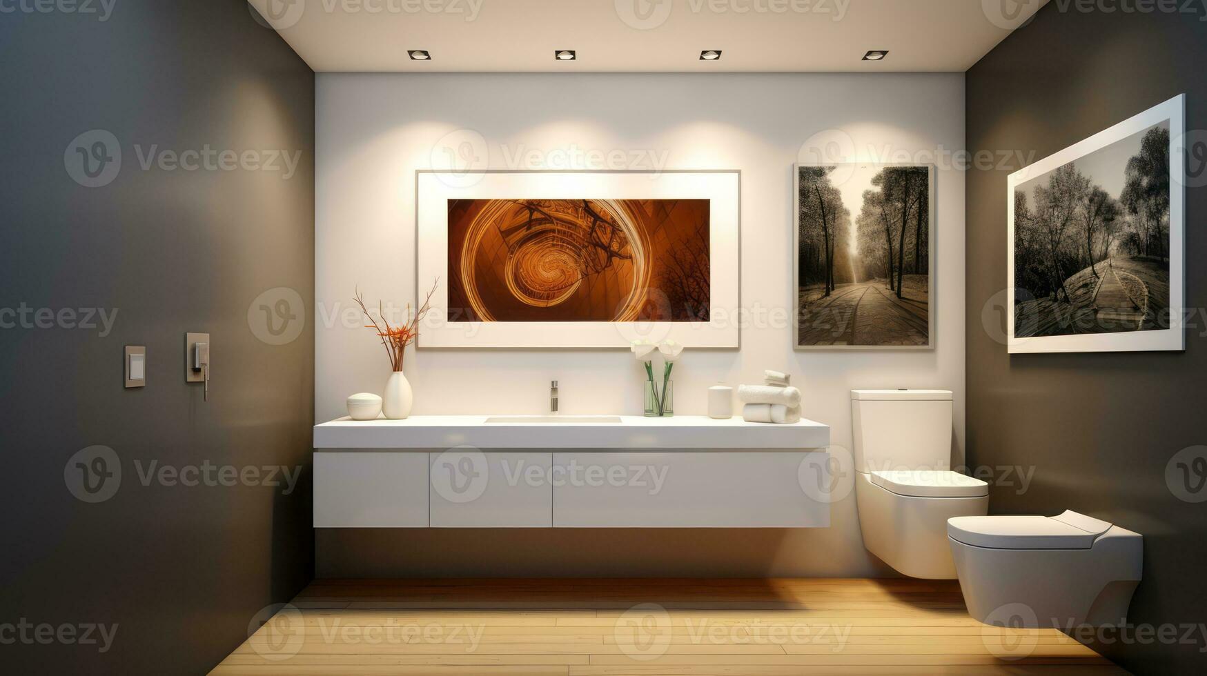 moderno brillante baño interiores con Arte fondo de pantalla. ai generado. foto
