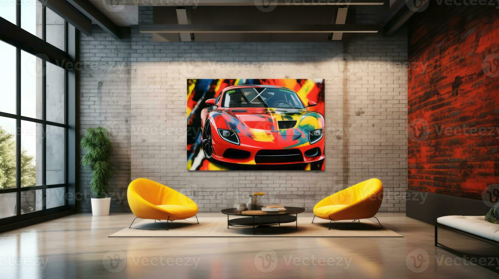 Modern bright living room interiors with art wallpaper. AI Generated. photo