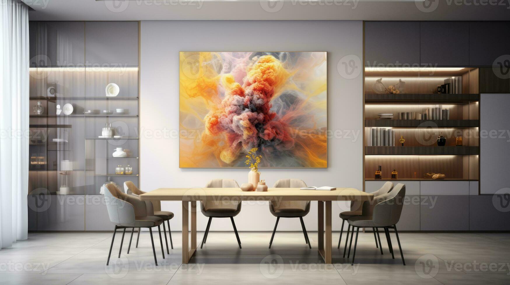 Modern bright dining room interiors with art wallpaper. AI Generated. photo