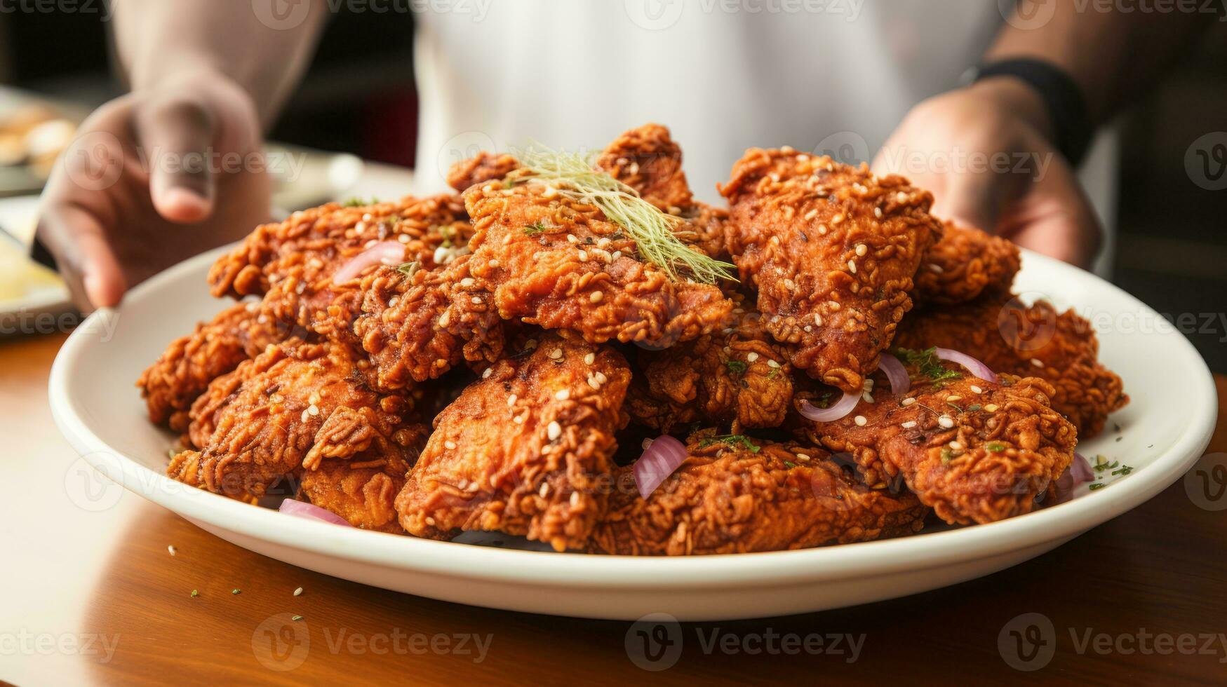 frito pollo baquetas con sésamo semillas en mesa. ai generado. foto