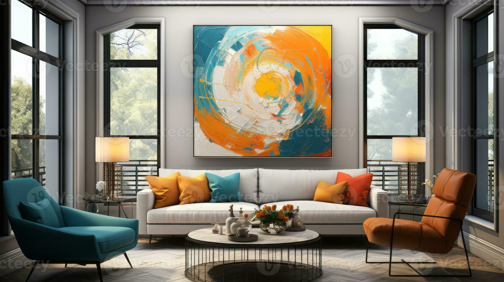 Modern bright living room interiors with art wallpaper. AI Generated. photo
