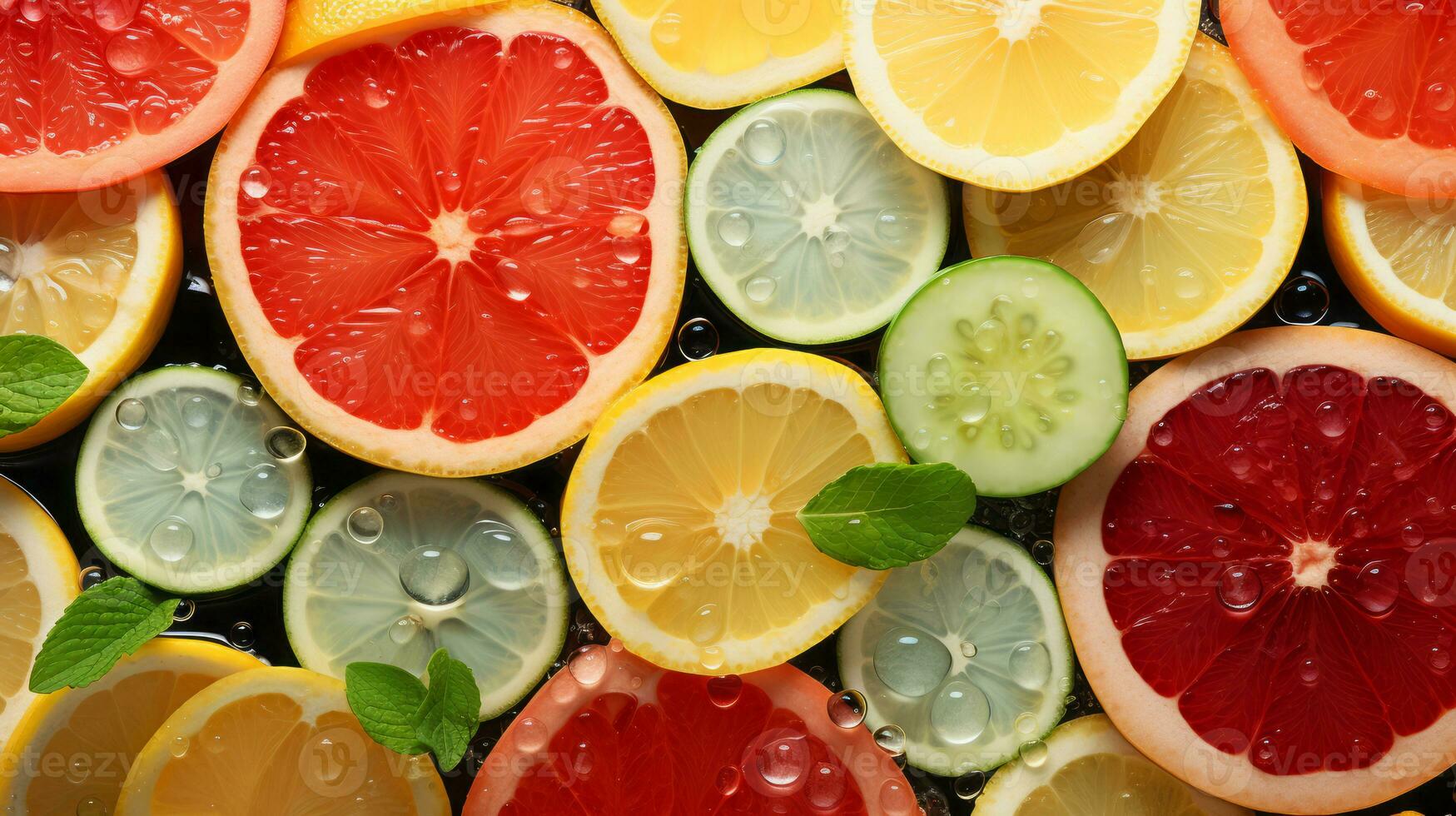 Fresh fruits slice background on white background. Ai generated. photo