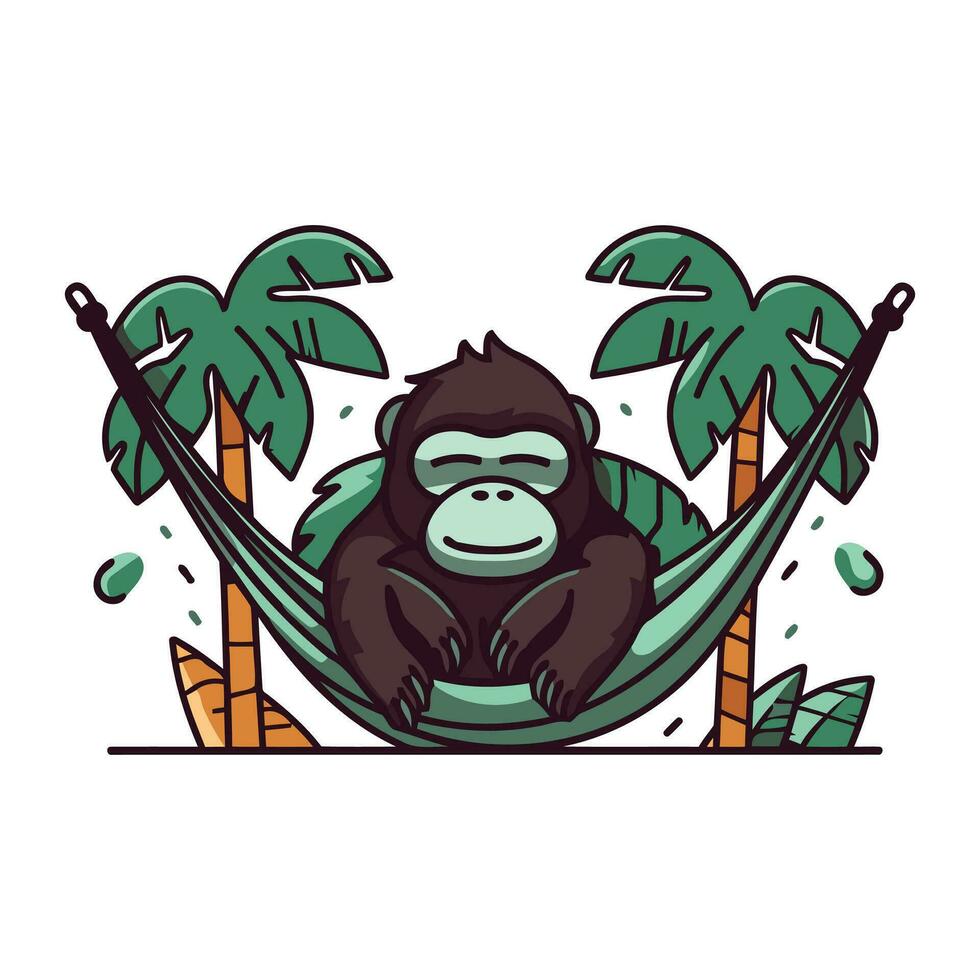 Vector illustration of a gorilla in a hammock and palm trees.