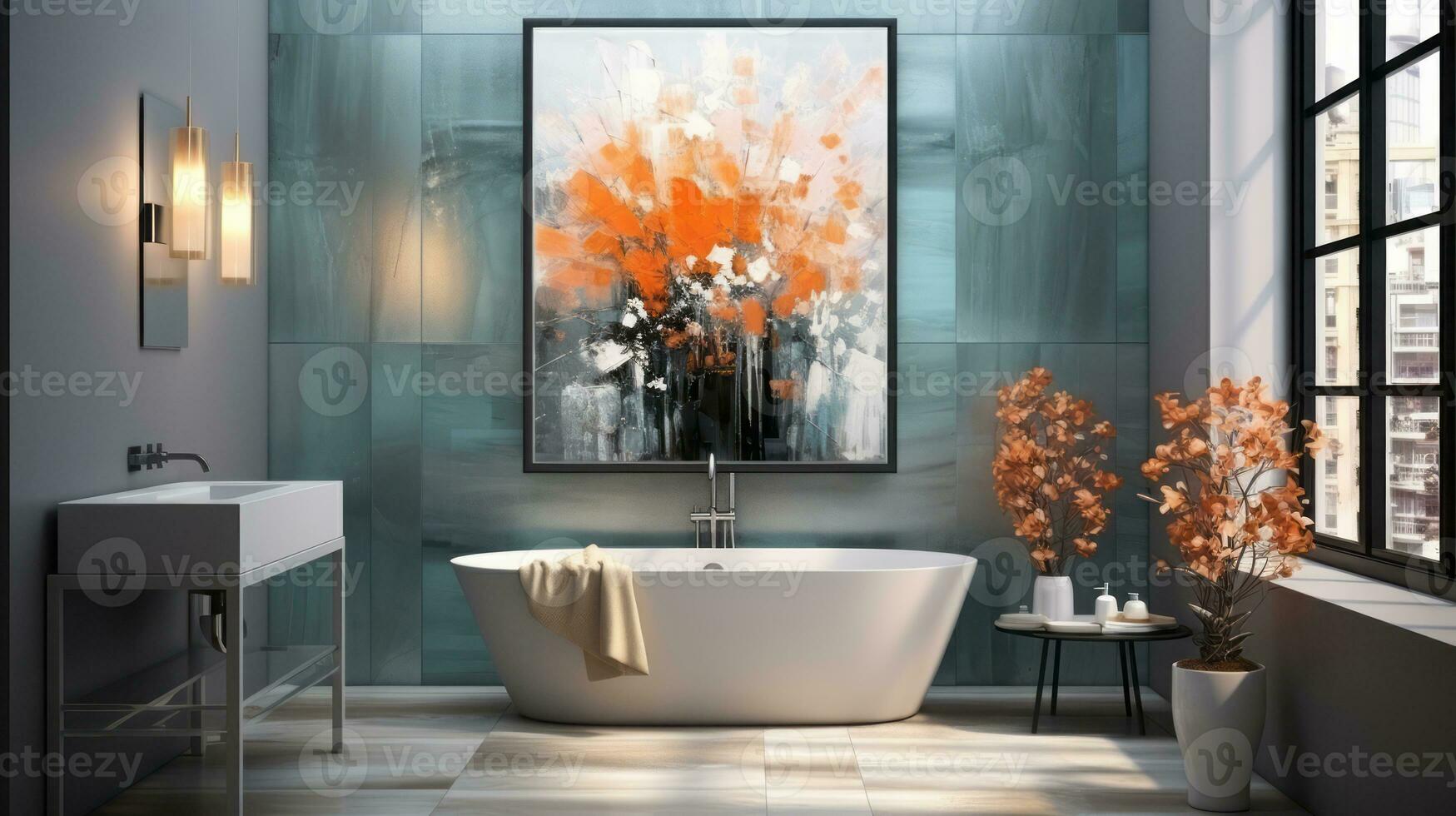 Modern bright bathroom interiors with art wallpaper. AI Generated. photo