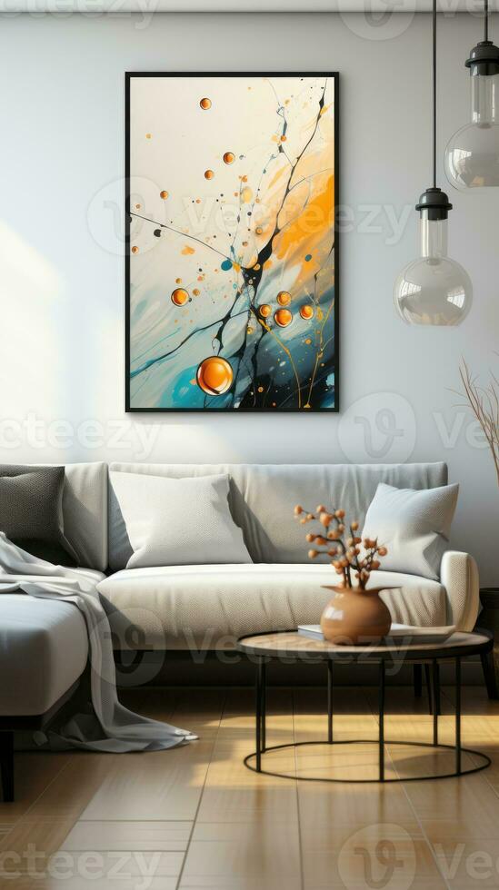 Interior of modern living room with gray sofa, coffee table and picture on wall. AI Generated. photo