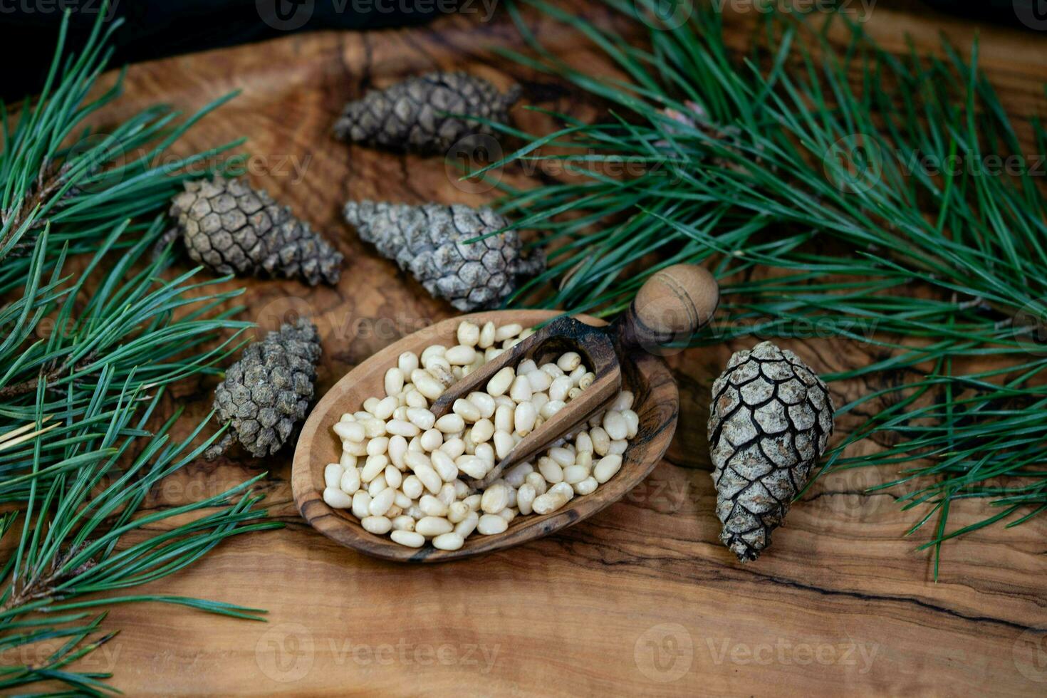 Cedar cones and nuts on olive wood photo