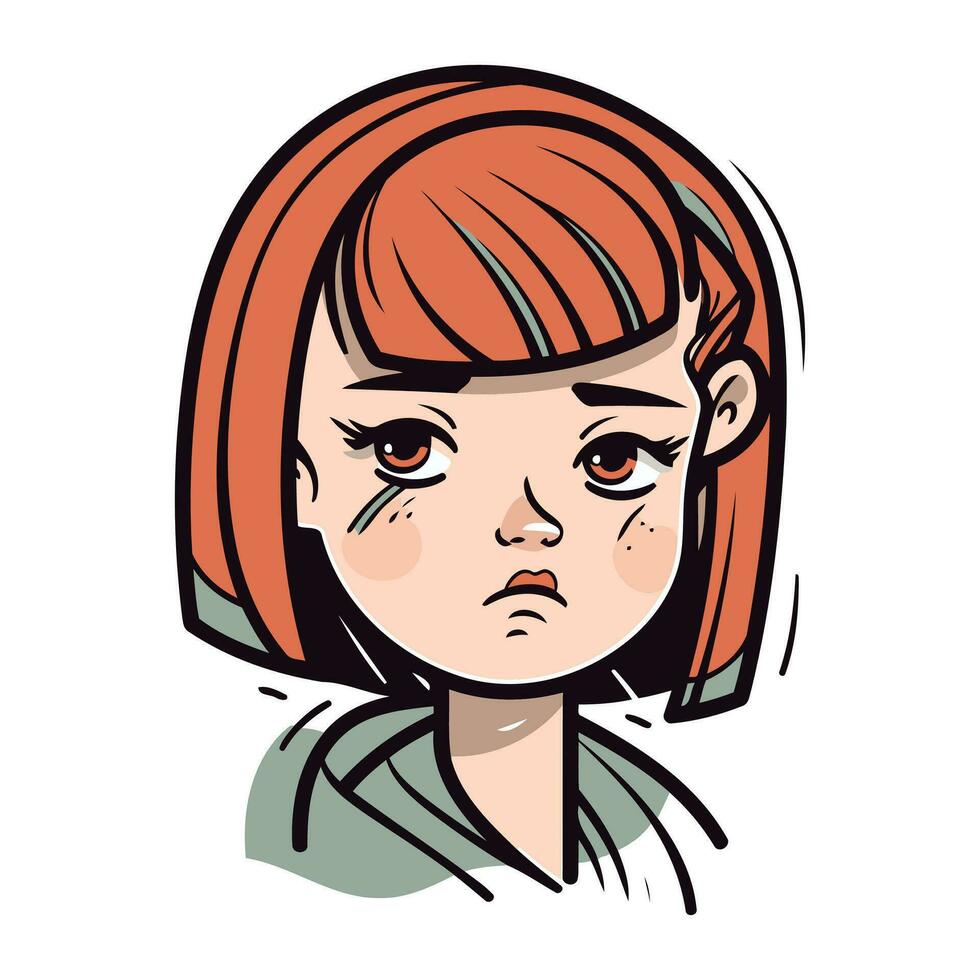 Angry woman with red hair. Vector illustration of a girl with a sad face.