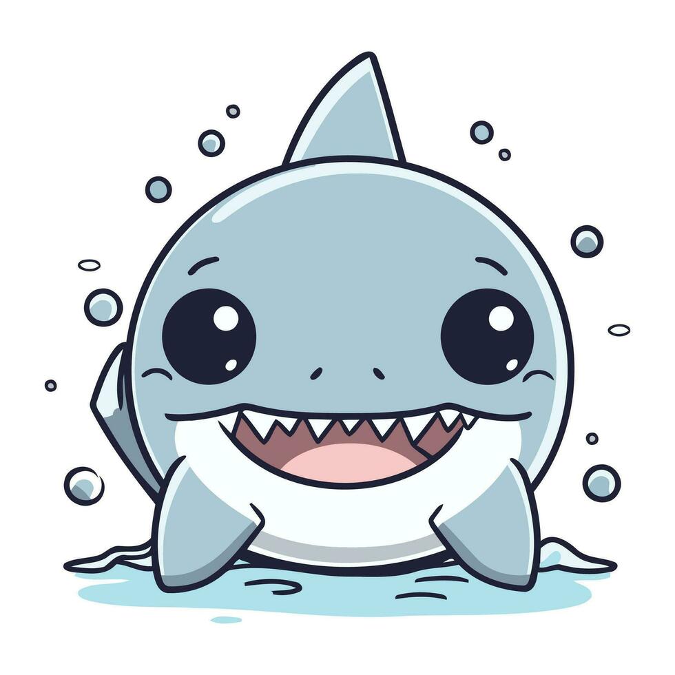 Cute little shark in water. Vector illustration. Cute cartoon character.