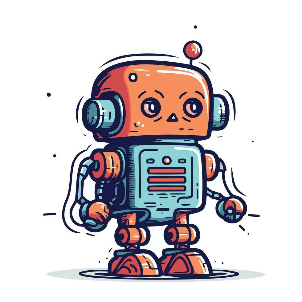 Cute robot. Hand drawn vector illustration. Cartoon style. Isolated on white background.