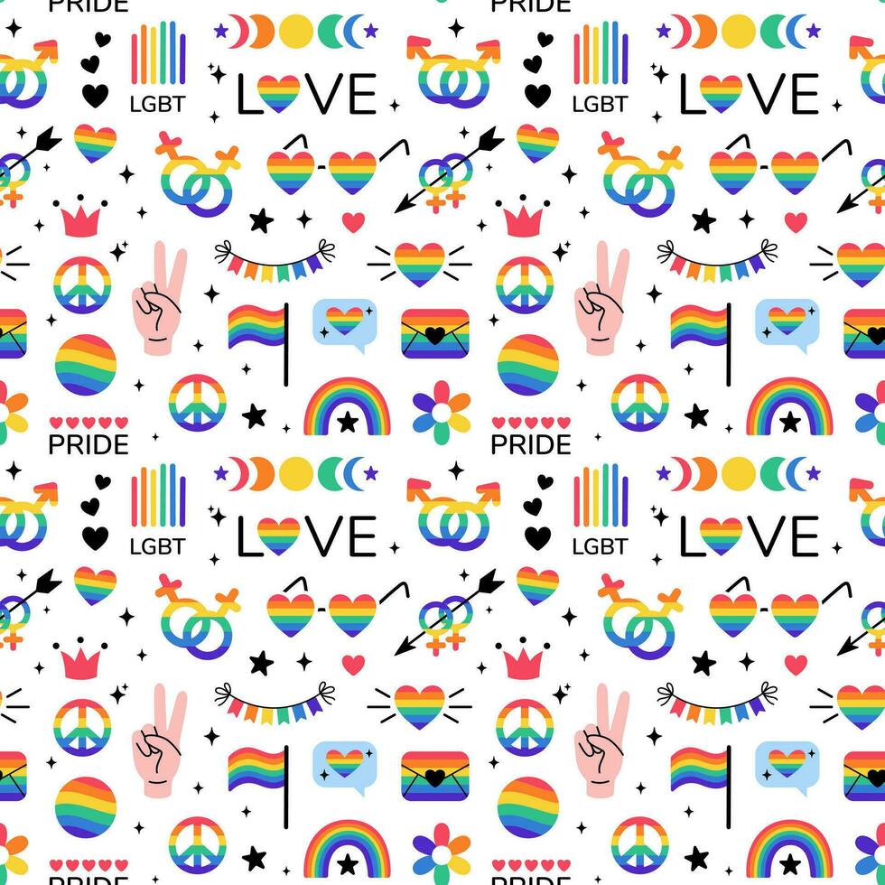 LGBT stickers seamless pattern in doodle style. LGBTQ set. LGBT pride community Symbols. Rainbow colored elements. Vector illustration.