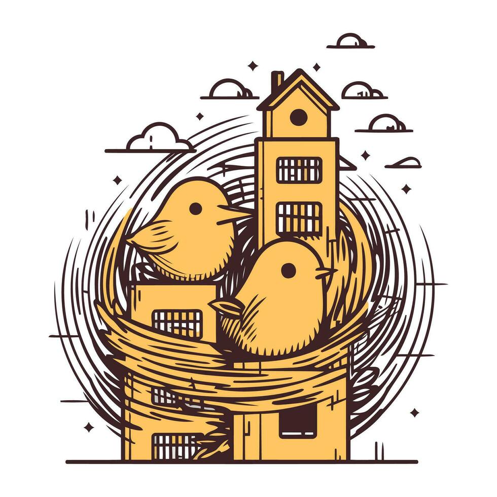 Cute little chicks in a nest. Vector illustration in cartoon style.