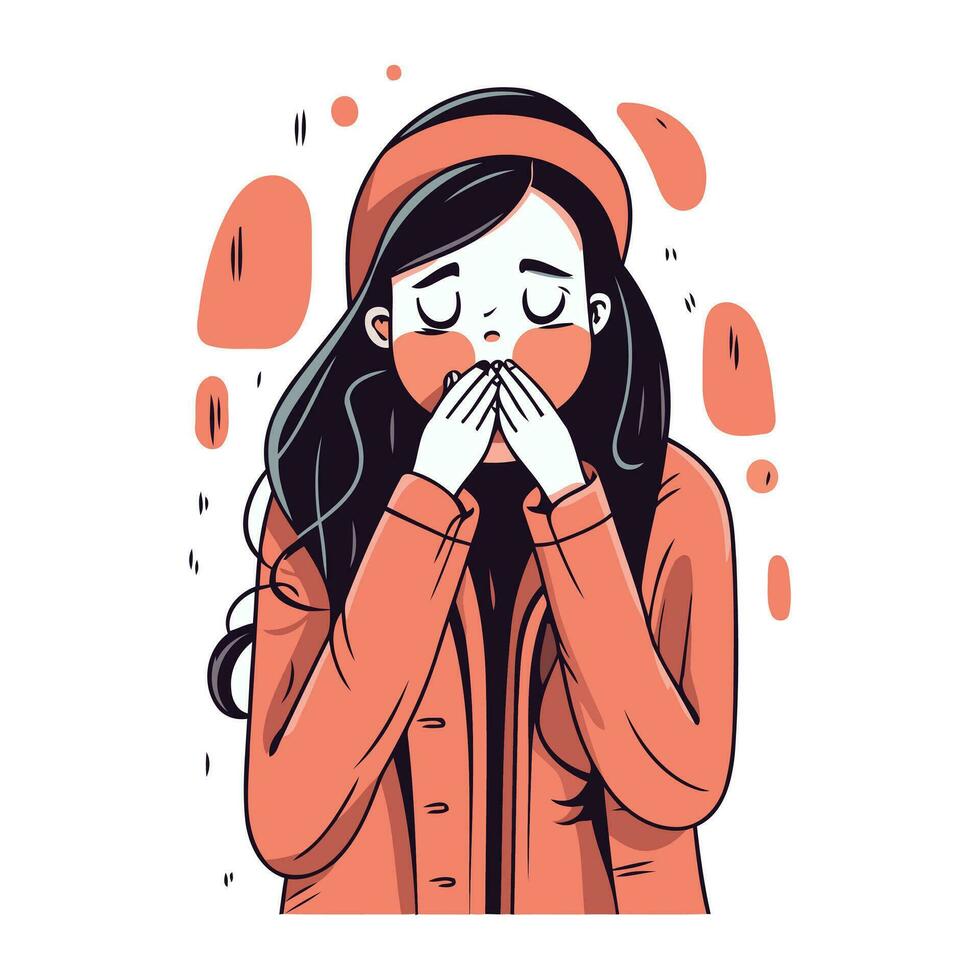 Vector illustration of a girl in a pink coat sneezing.