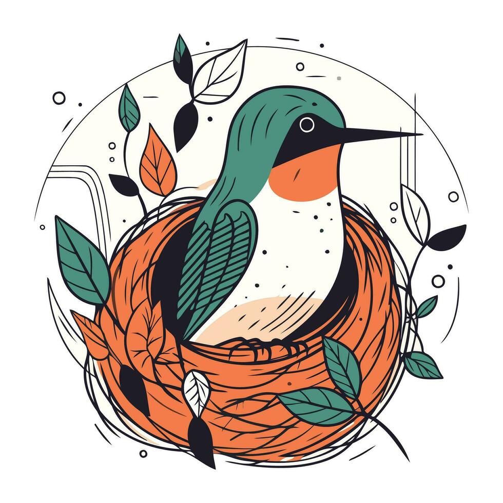 Hand drawn vector illustration of a bird in a nest with leaves.