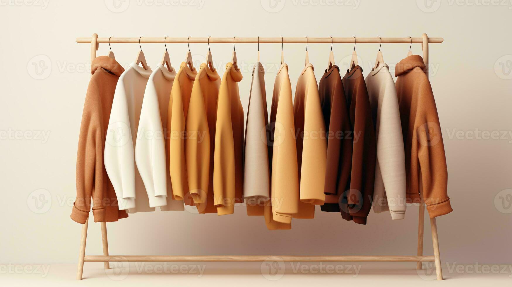 sweater rack on wooden frame with color hanging on it. AI Generative photo