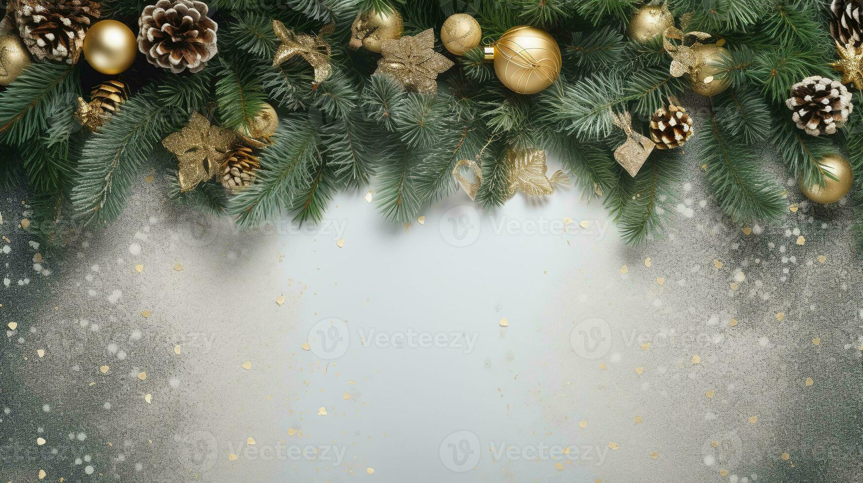 Festive Christmas frame made of fir branches, gift boxes, red decorations, sparkles, and confetti on white background. Perfect for holiday greeting cards, website design. AI Generative photo