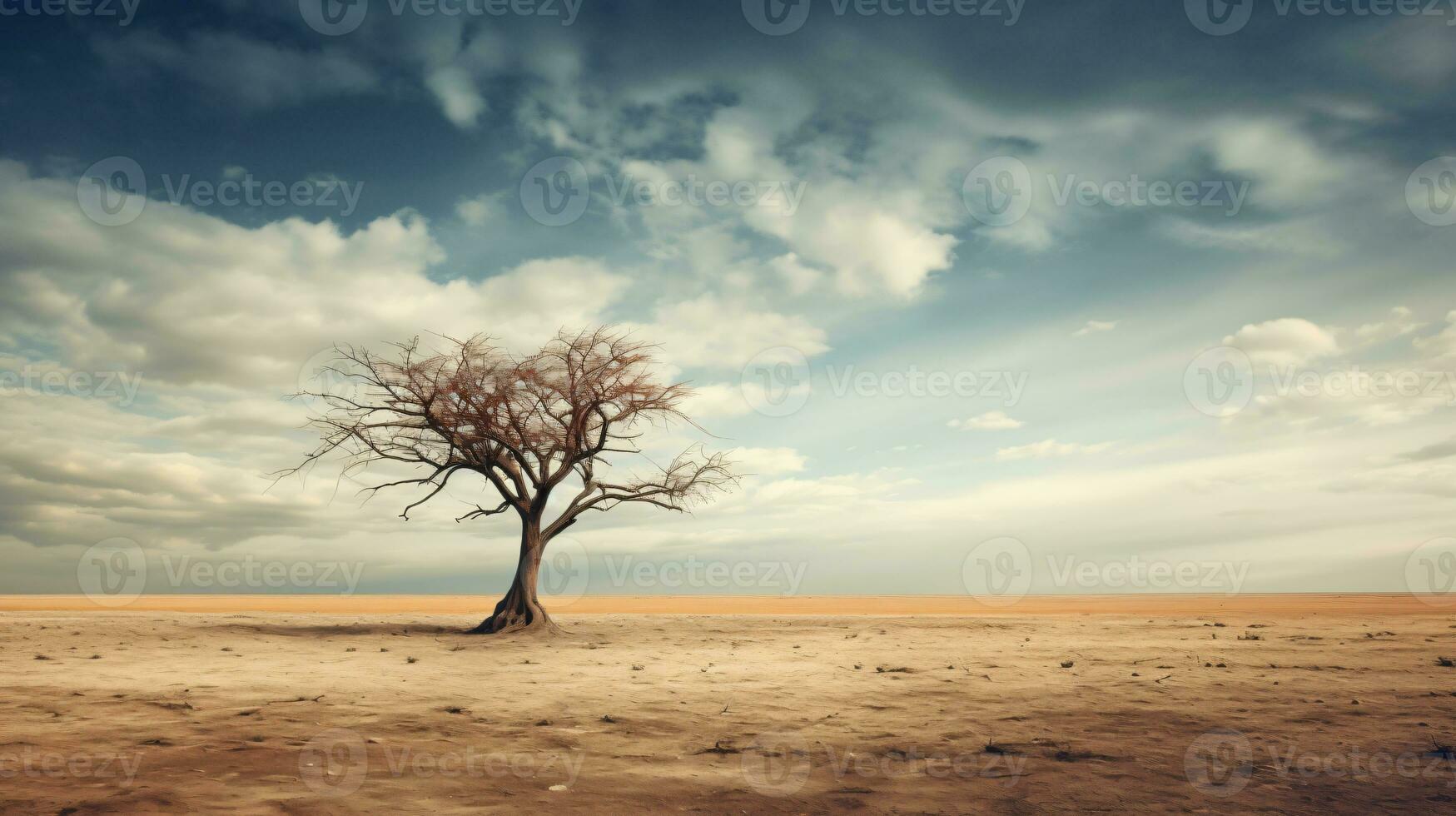 A dead tree is a stark contrast to the desolate desert in this scenic wallpaper. ai generative photo