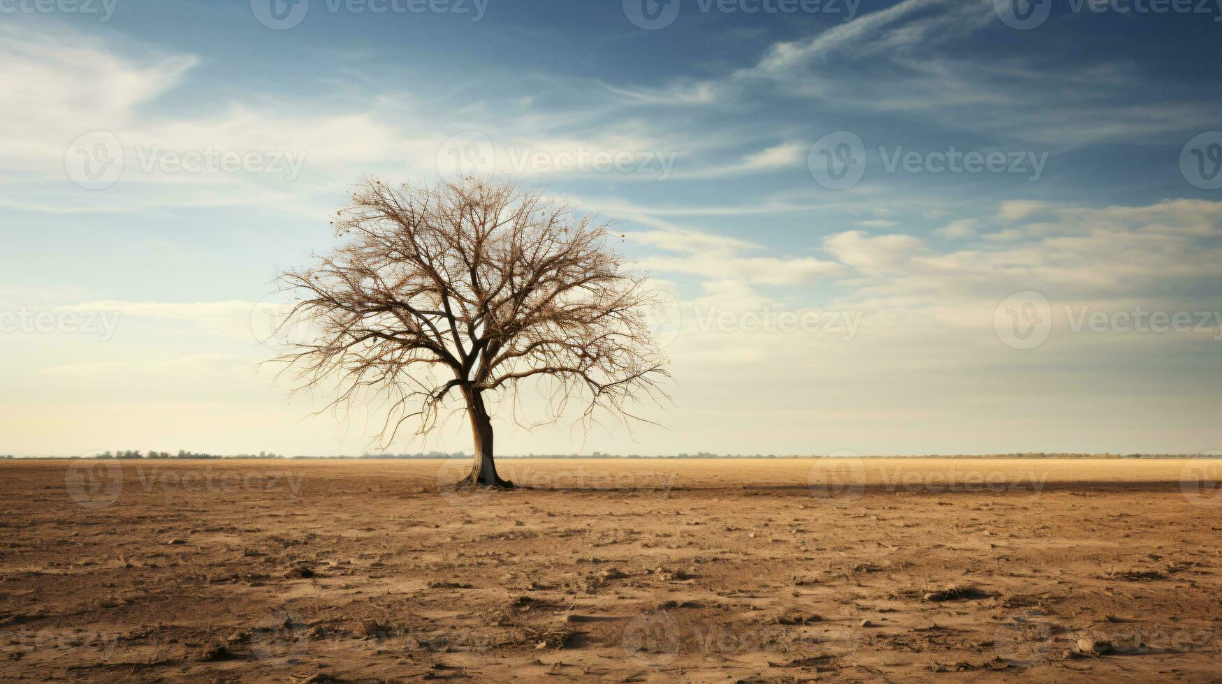 A dead tree is a stark contrast to the desolate desert in this scenic wallpaper. ai generative photo