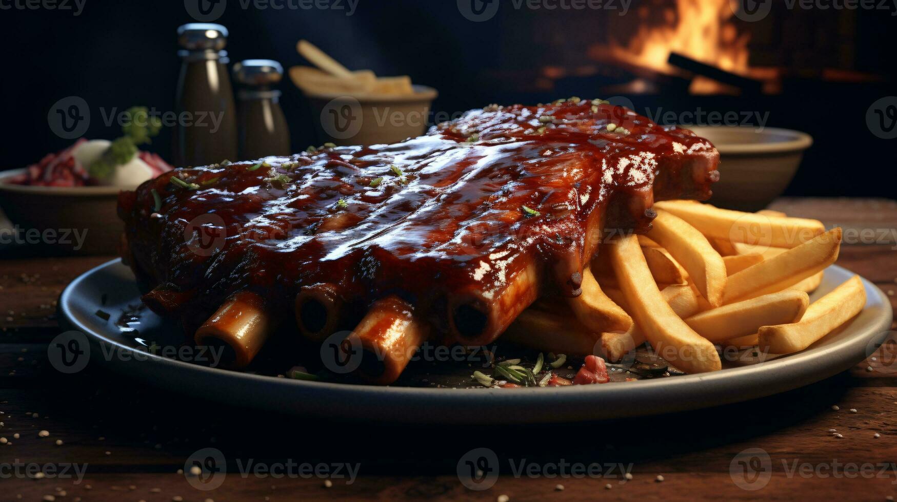 Tender and smoky ribs slathered in barbecue sauce with a side of fries. ai generative photo