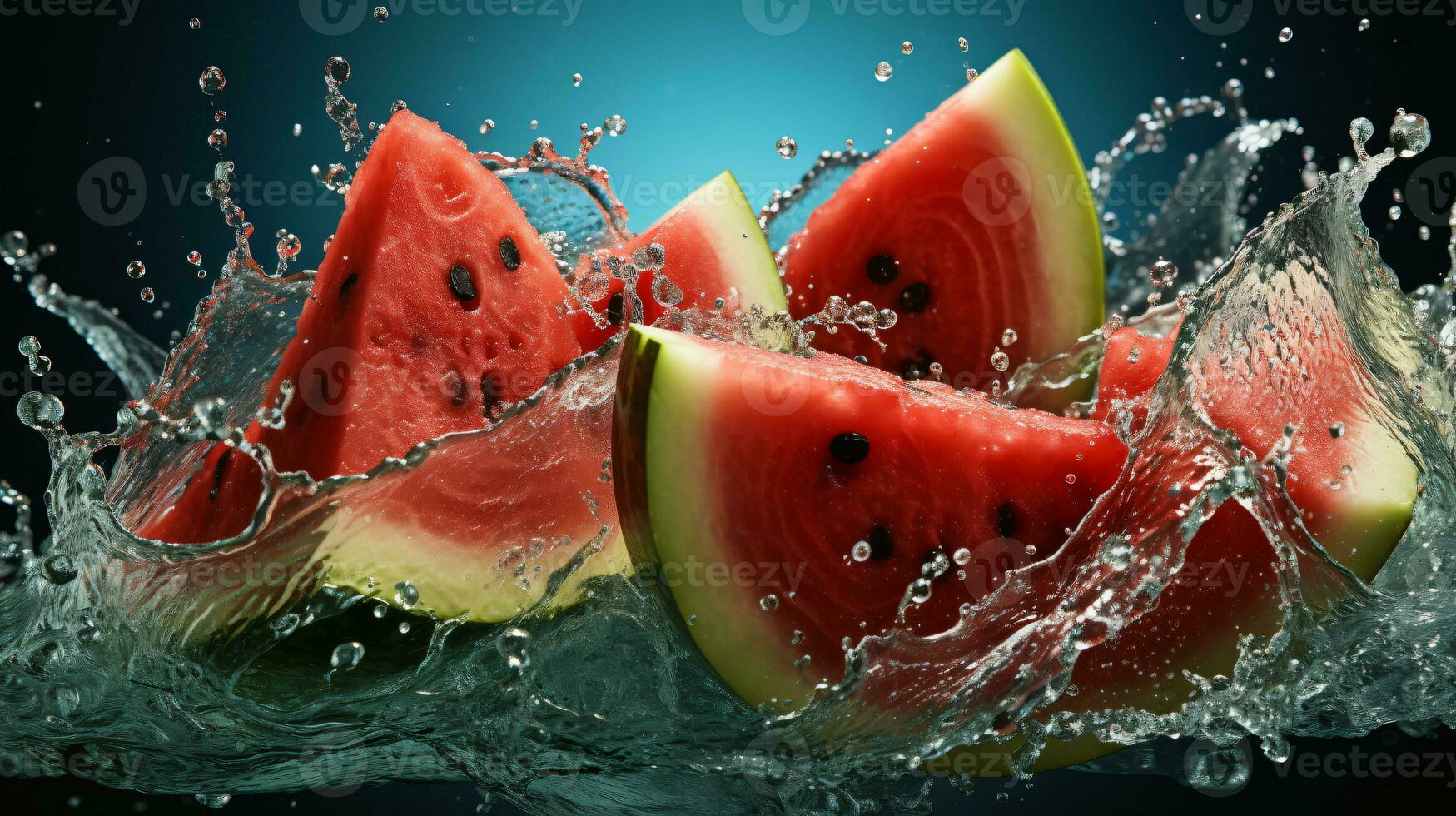 Fresh pieces of water melon falling in water with splash. Ai Generative photo