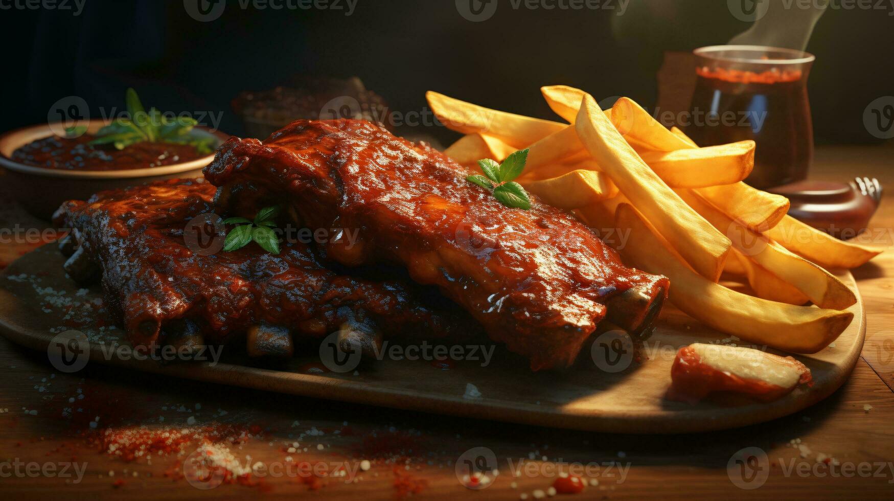 Tender and smoky ribs slathered in barbecue sauce with a side of fries. ai generative photo