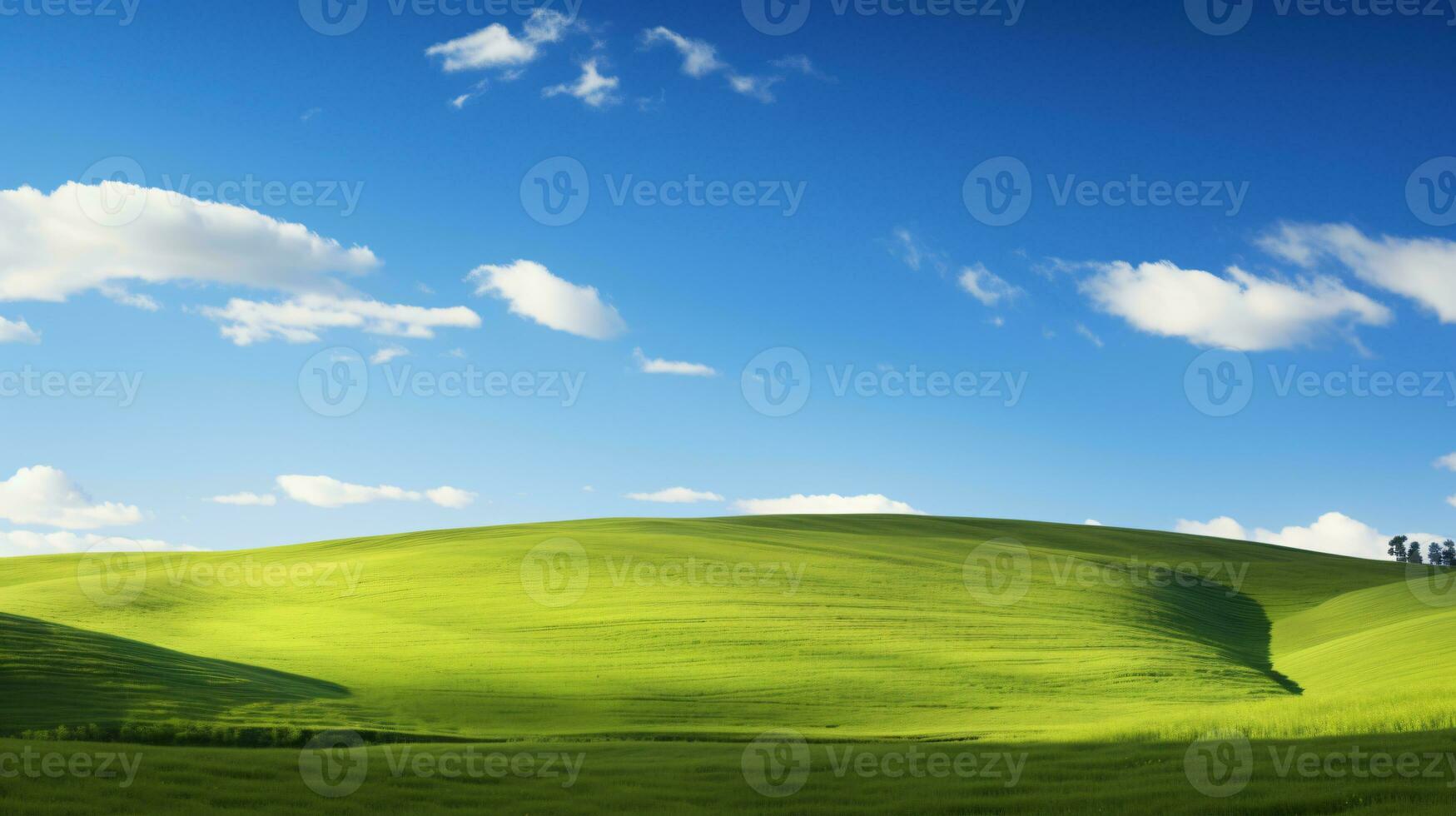 Fresh green fields in spring with a blue sky backdrop on a hill. ai generative photo