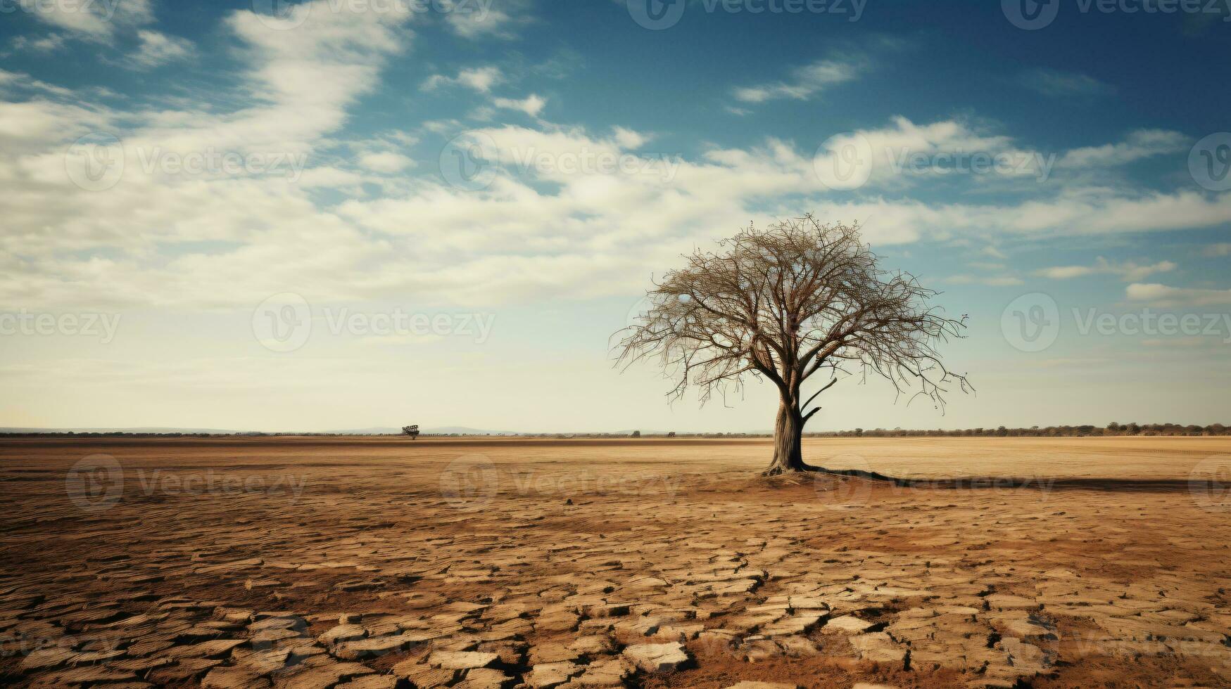 A dead tree is a stark contrast to the desolate desert in this scenic wallpaper. ai generative photo