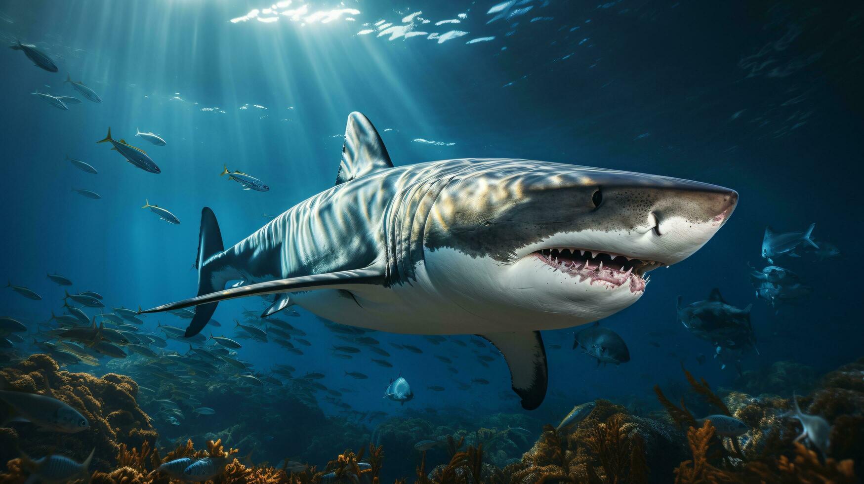 great white shark swimming in the deep blue ocean. AI Generative photo