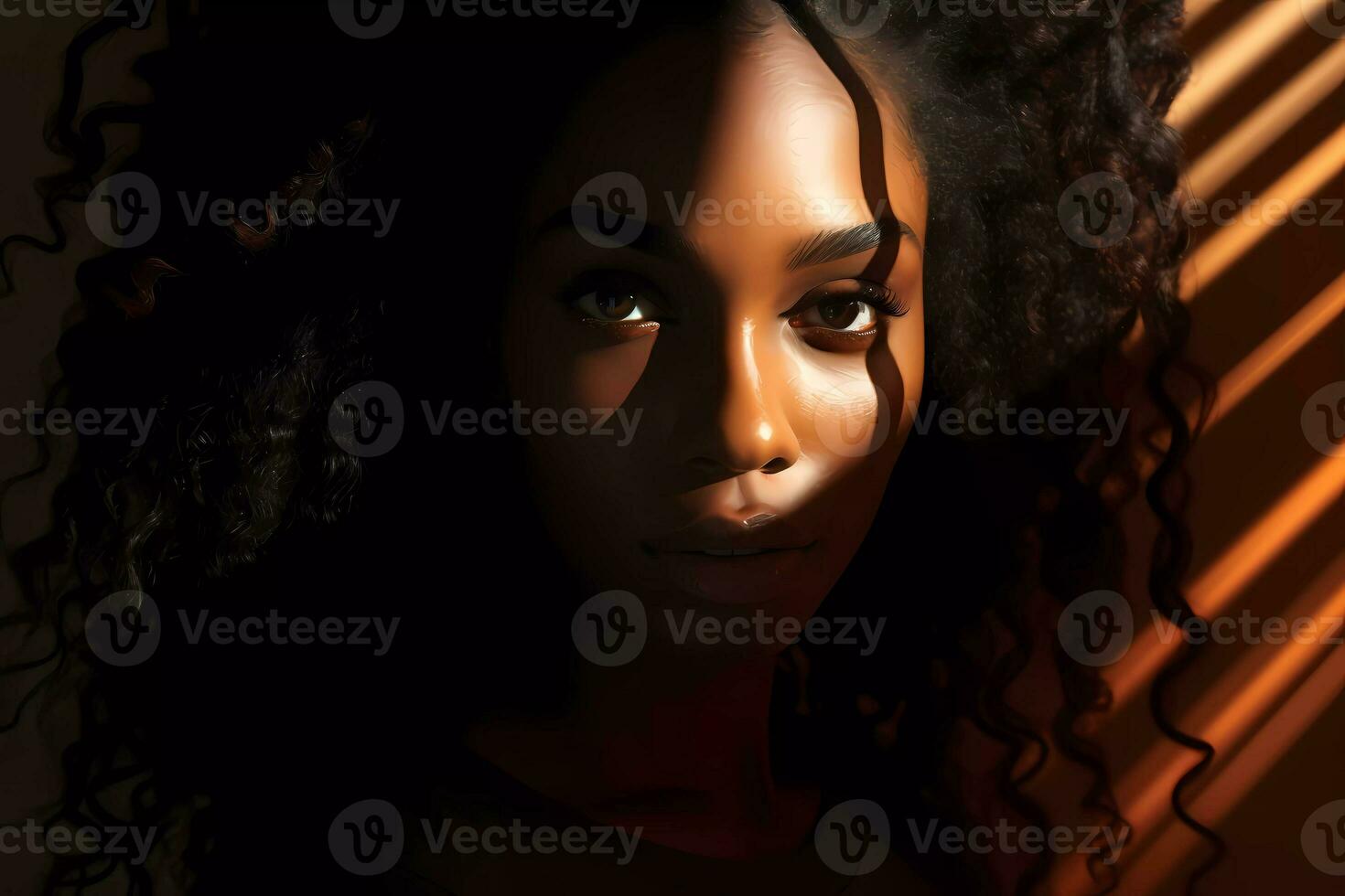 AI Generated A woman looking at camera while relaxed in the light of summer sunbeams photo