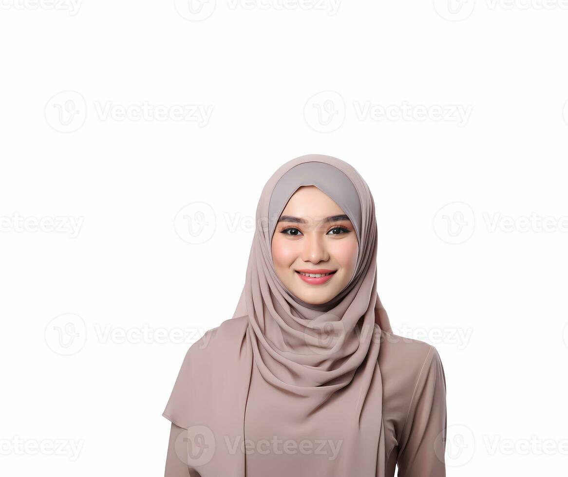 Ai generated A portrait of young smiling muslim woman wearing hijab in a professional studio. Promoting for hijab product and skincare. photo