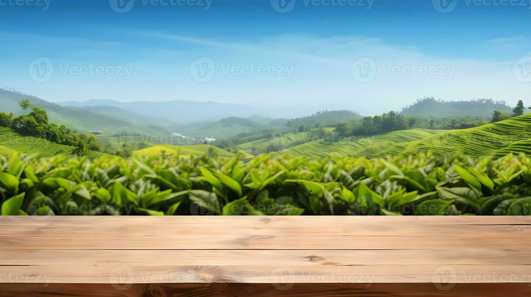 ai generated A wooden table with a green tea field, mountains, beautiful blue sky as the background perfect for beverages and skincare product advertisings. photo
