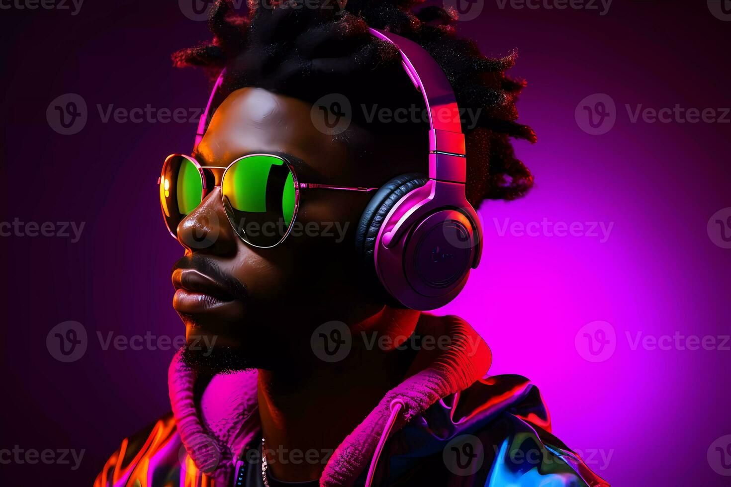 AI Generated Fashionable young african american man in neon outfit. photo