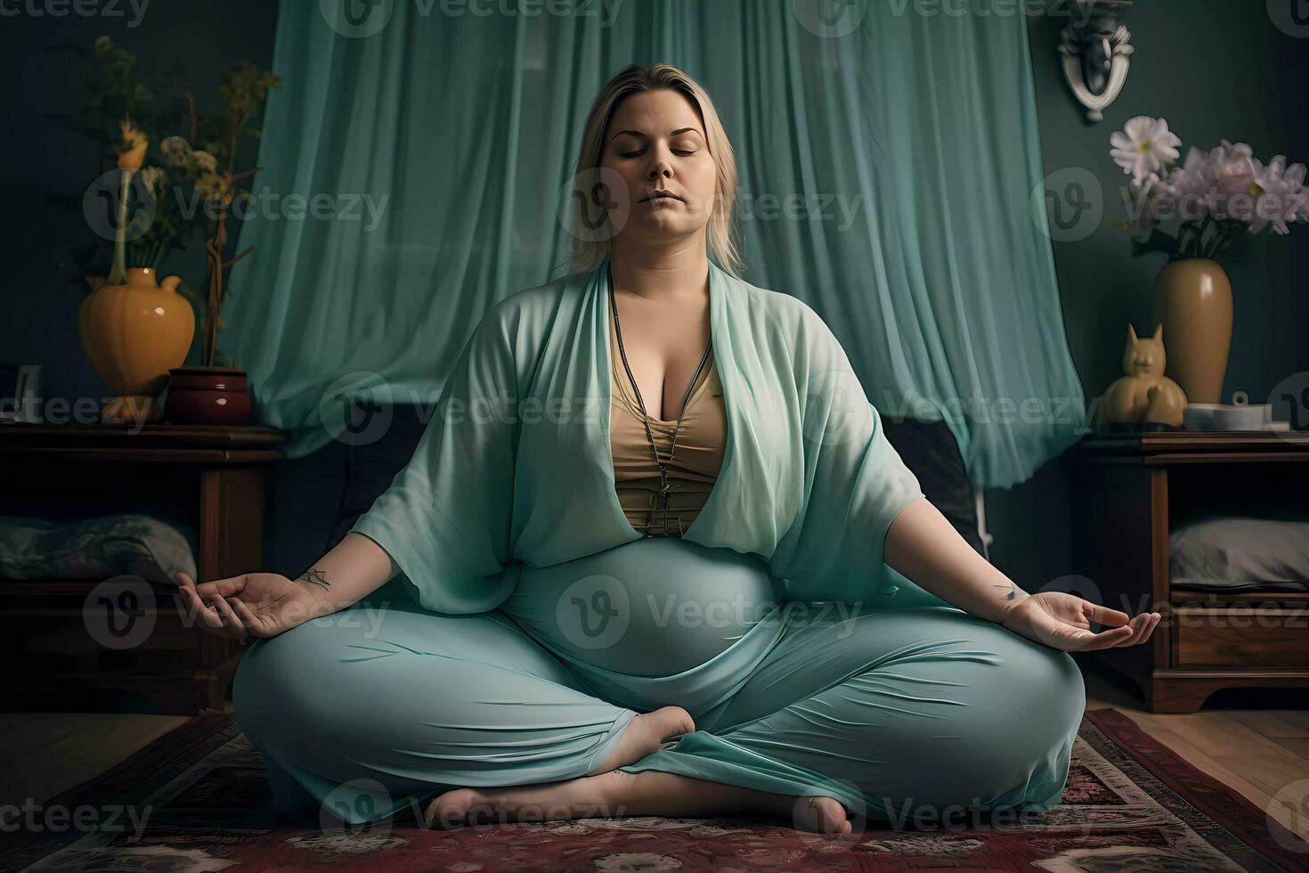 AI Generated photoshoot of plus size woman practicing relaxation yoga at home. photo