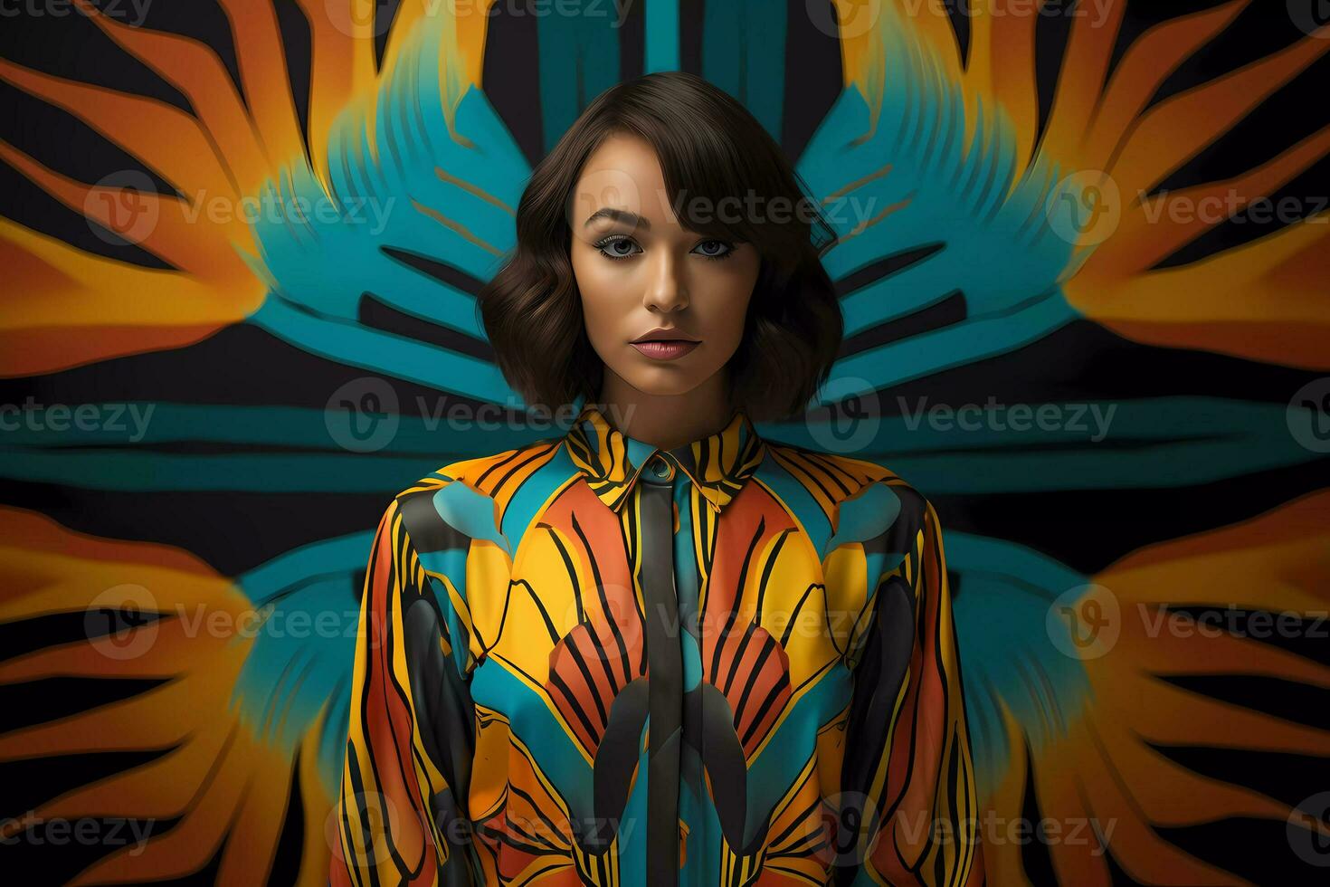 AI Generated A beautiful young model wearing sunglasses and a colorful jacket photo