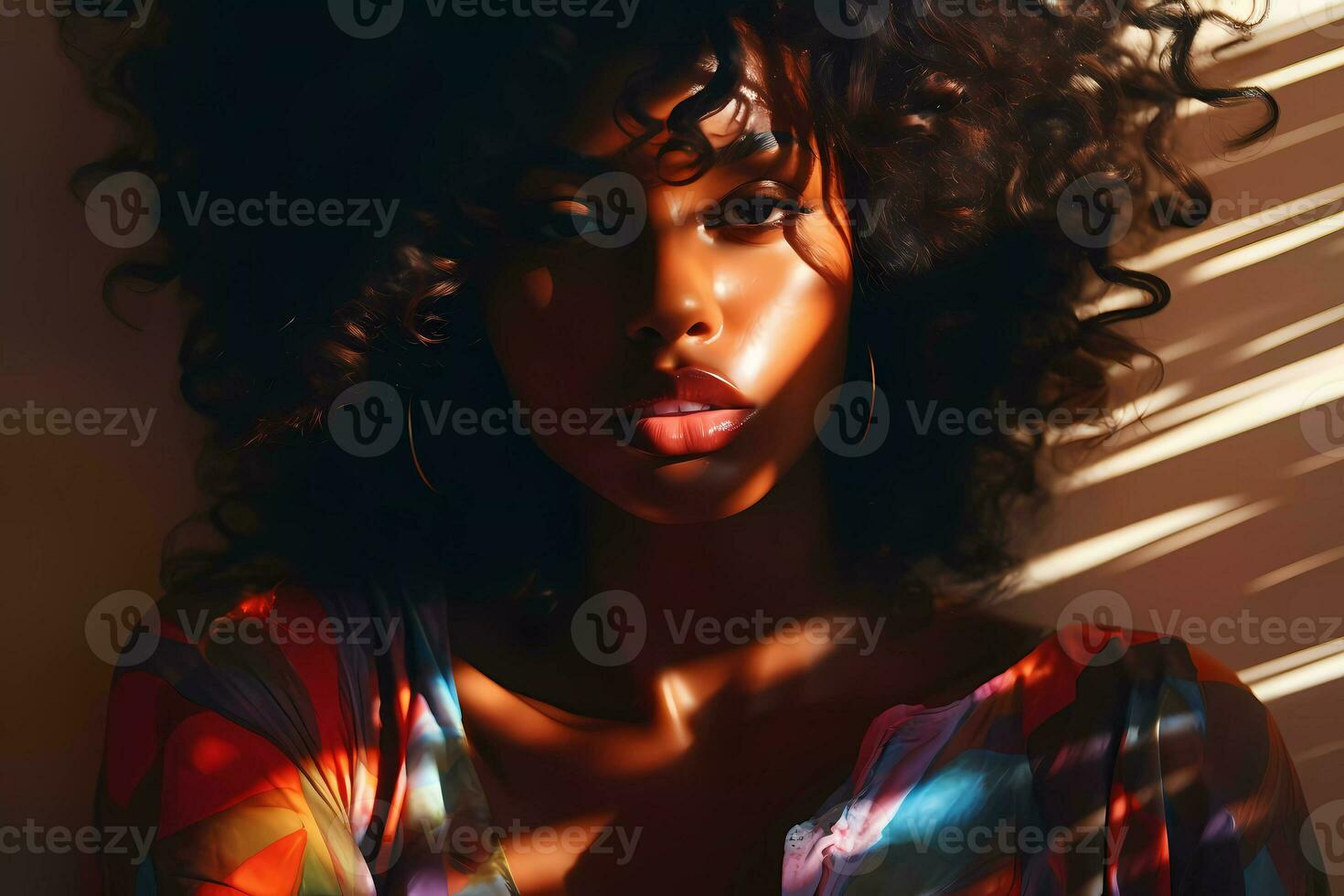 AI Generated A woman looking at camera while relaxed in the light of summer sunbeams photo