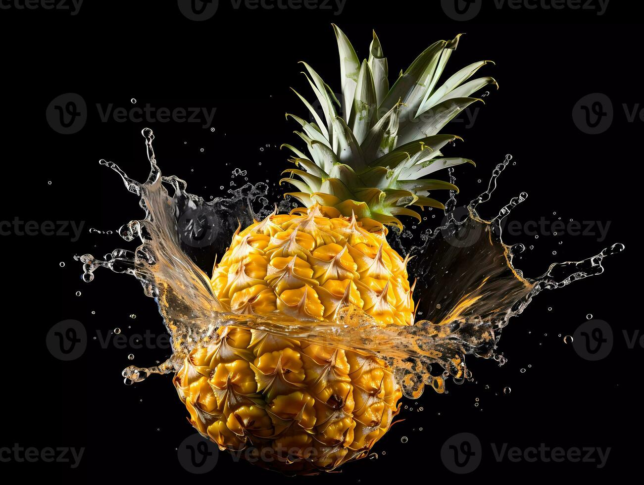 AI Generated Fruits photography of pineapple splashing into the water on black background photo