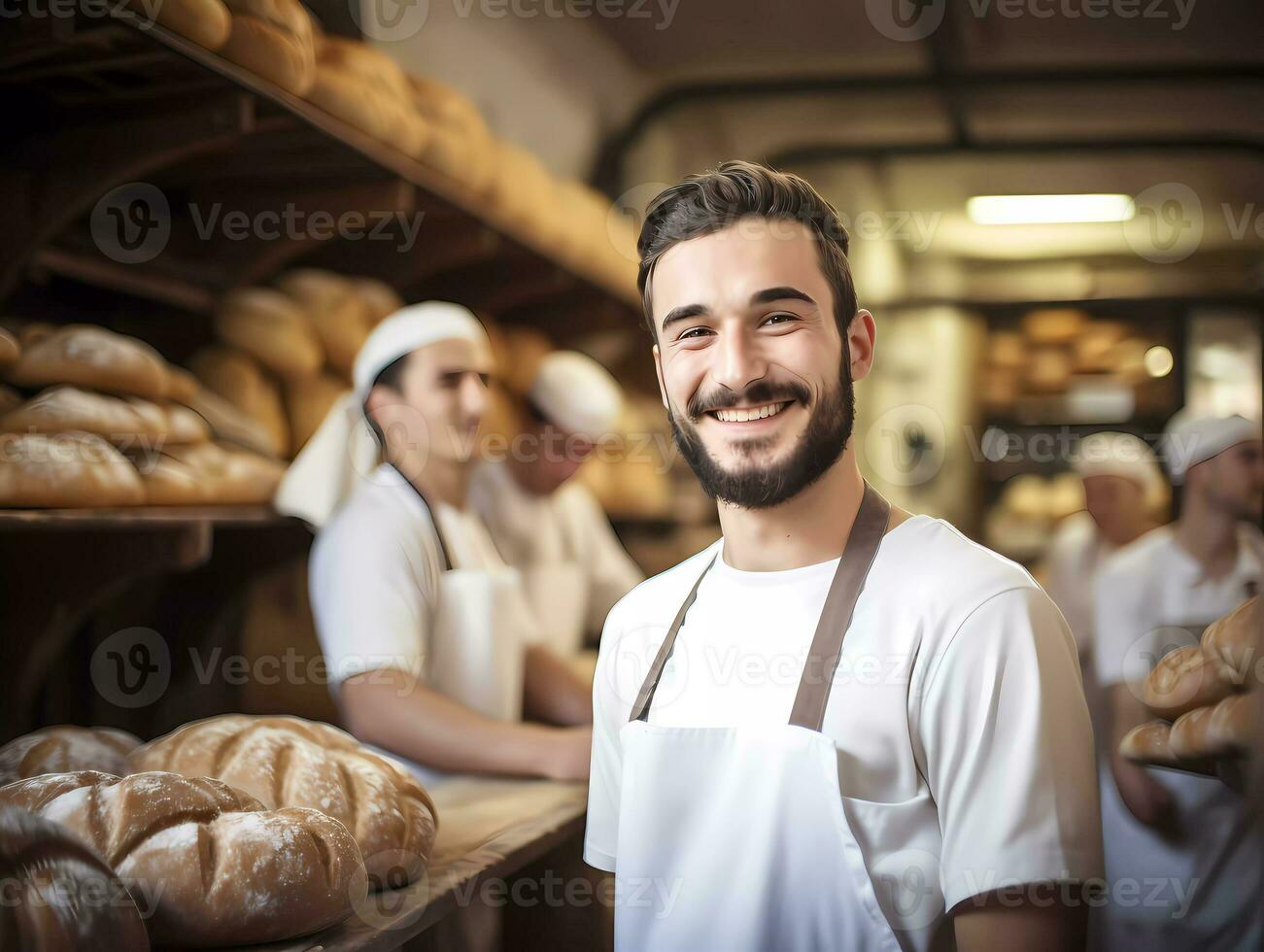 ai generado sonriente panadero hombre en pie con Fresco un pan a panadería. satisfecho panadero con panes en antecedentes. Copiar espacio foto