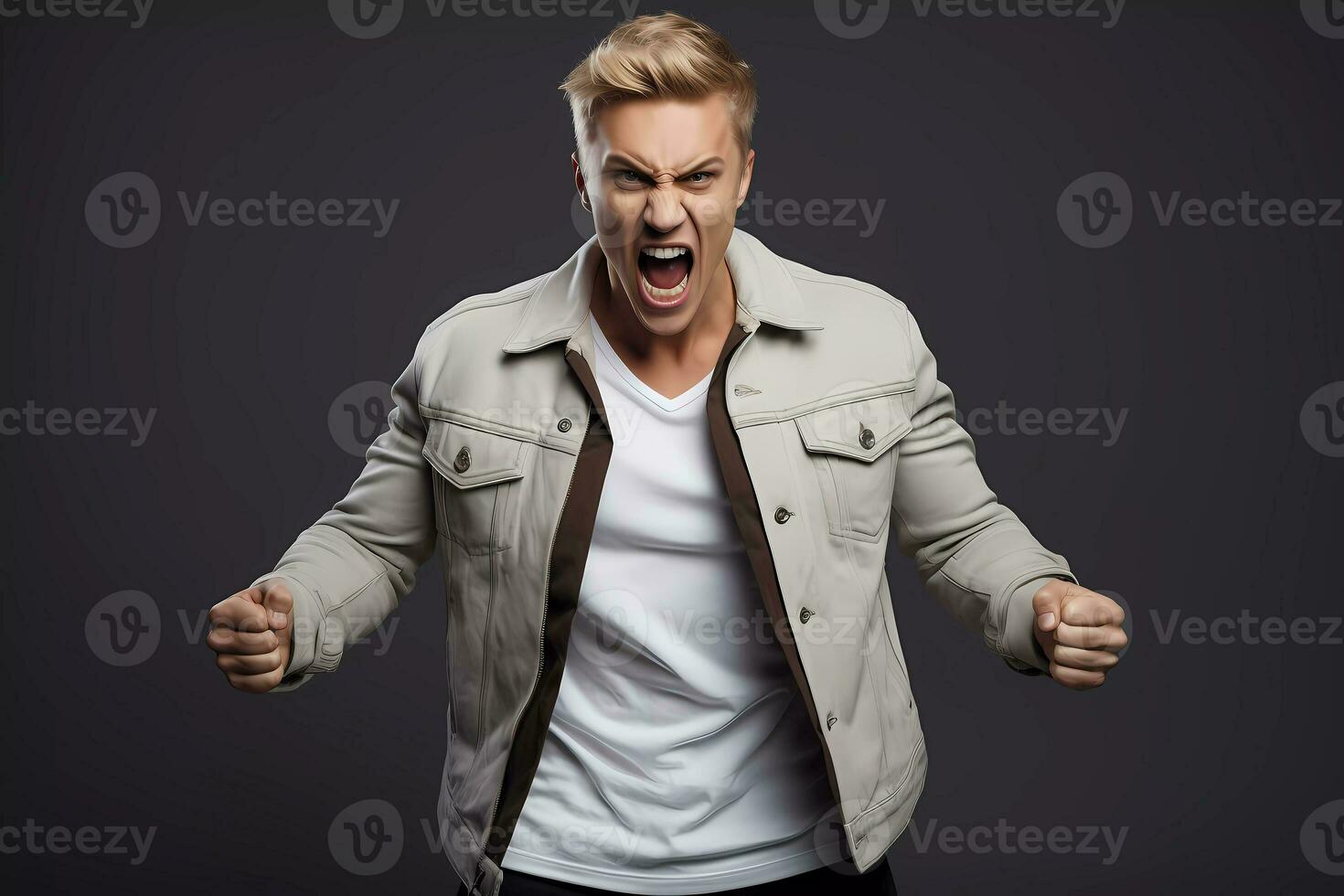 Ai generated annoyed man gestures angrily, expresses negative emotions with mouth widely opened. Angry expression photo