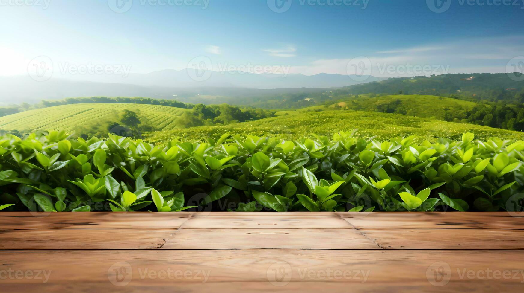 ai generado un de madera mesa con un verde té campo, montañas, hermosa azul cielo como el antecedentes Perfecto para bebidas y protección de la piel producto anuncios. foto