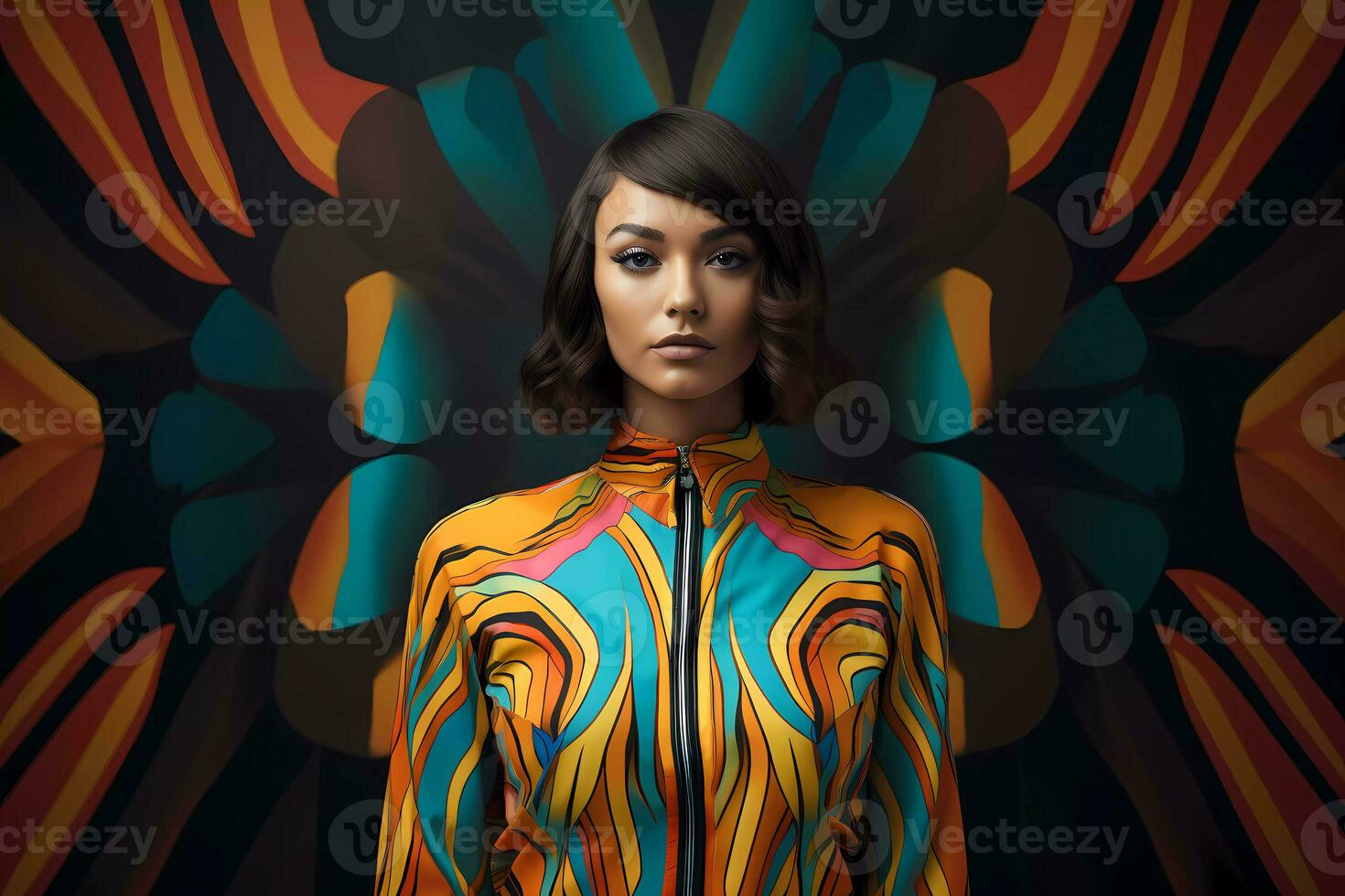 AI Generated A beautiful young model wearing sunglasses and a colorful jacket photo
